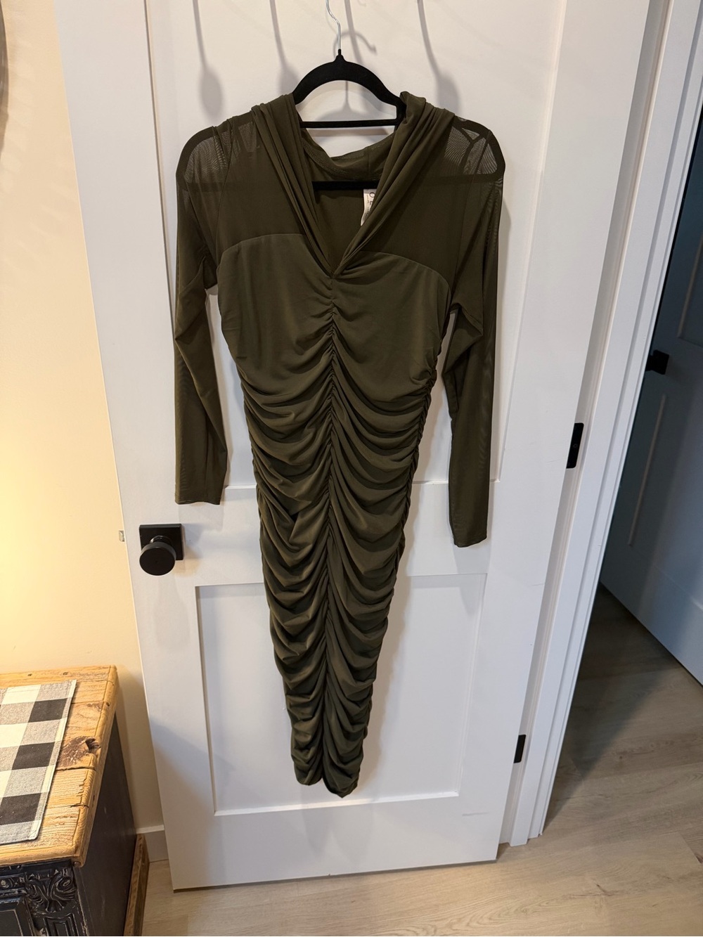 dolan Olive Green Ruched Long-Sleeve Midi Dress
